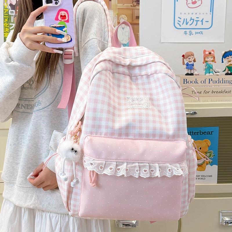 Schoolbag Casual Versatile Plaid Polka Dot Lace Backpack Girl Heart Japanese Sweet Wind Student Party Backpack Girl