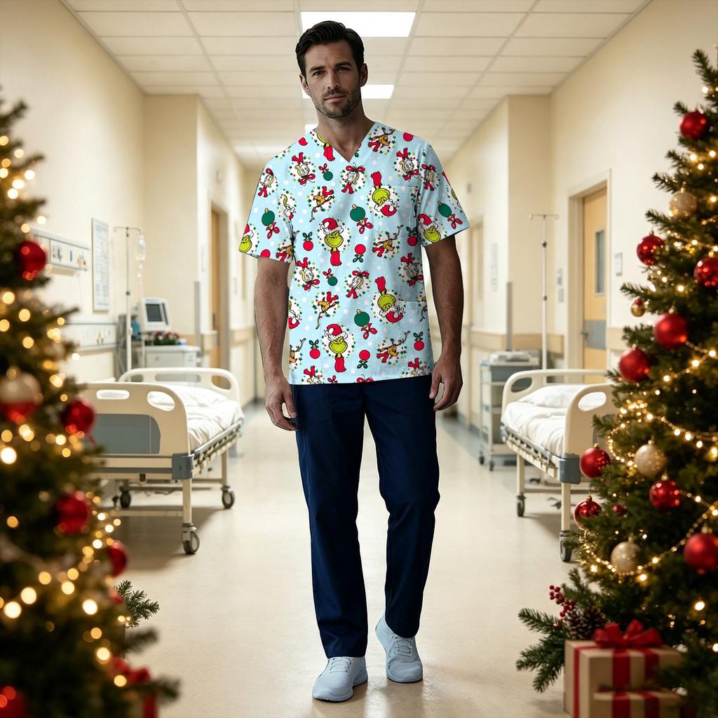 Men's Christmas Print V-Neck Short Sleeve Scrub Top with Chest Pocket