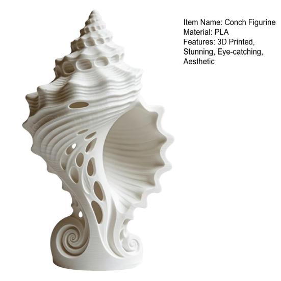 White Conch Shell Figurine, 3D Printed Nautical Coastal Tabletop Ornament for Living Room, TV Stand, Bookcase Shelf, Cabinet Decor