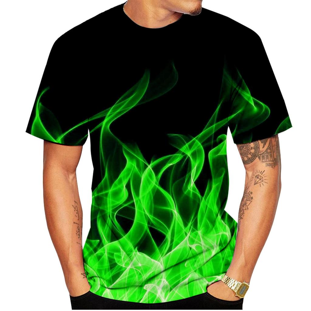 New fashionable colorful flame 3D printed t-shirt for men, summer casual short sleeves