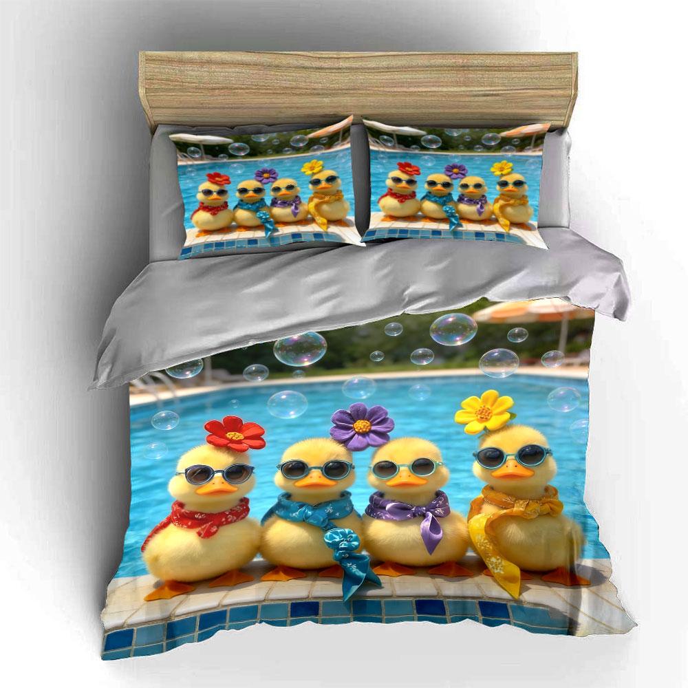 Poolside Duck Figurine Set Soft Comfortable Duvet Cover Bedding Set Included 1*Duvet Cover & 2*Pillowcases, Gift