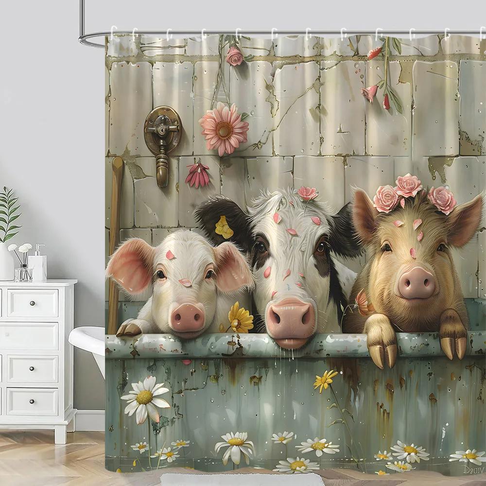 Farm Animals Shower Curtain Funny Pig Sheep Donkey Shower Cartoon Rustic Barn Polyester Fabric Bathroom Decor Curtain Washable