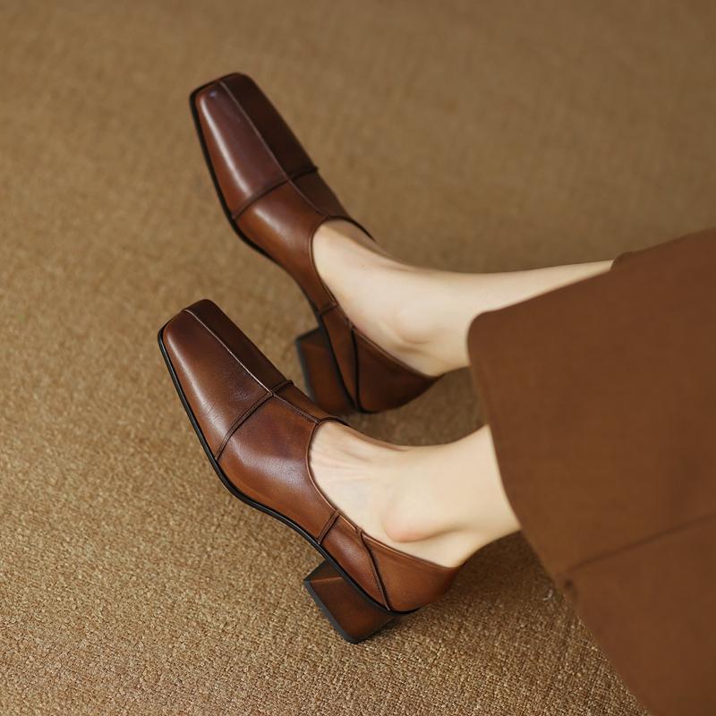 Fashion Women's New Spring and Autumn Square Head Vintage Genuine Leather Cowhide Comfortable High Heel Deep Mouth Oxford Single Shoes