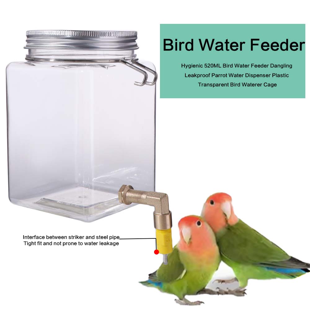 Easy To Clean 520ML Bird Water Feeder Dangling Leakproof Parrot Water Dispenser Plastic Transparent Bird Waterer for Bird Cage