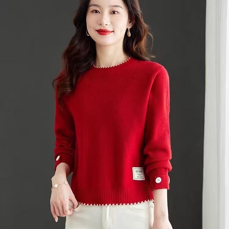 Mały sweter damski czerwony sweter modny i wszechstronny okrągły dekolt dzianinowy bazowy sweter polarowy