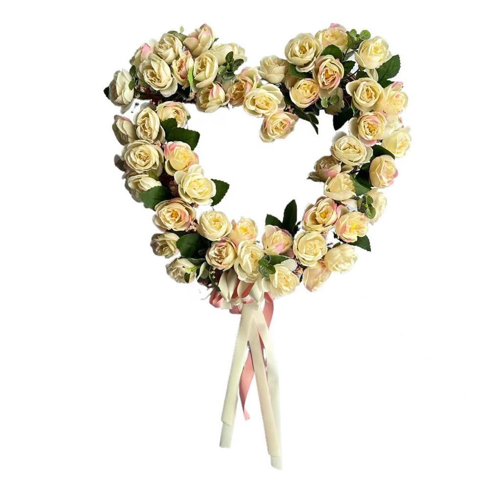 Romantic 35cm Heart Shaped Wreath Wedding Artificial Rose Door Hanger Valentine Pink White Double Ribbon Wall Decor