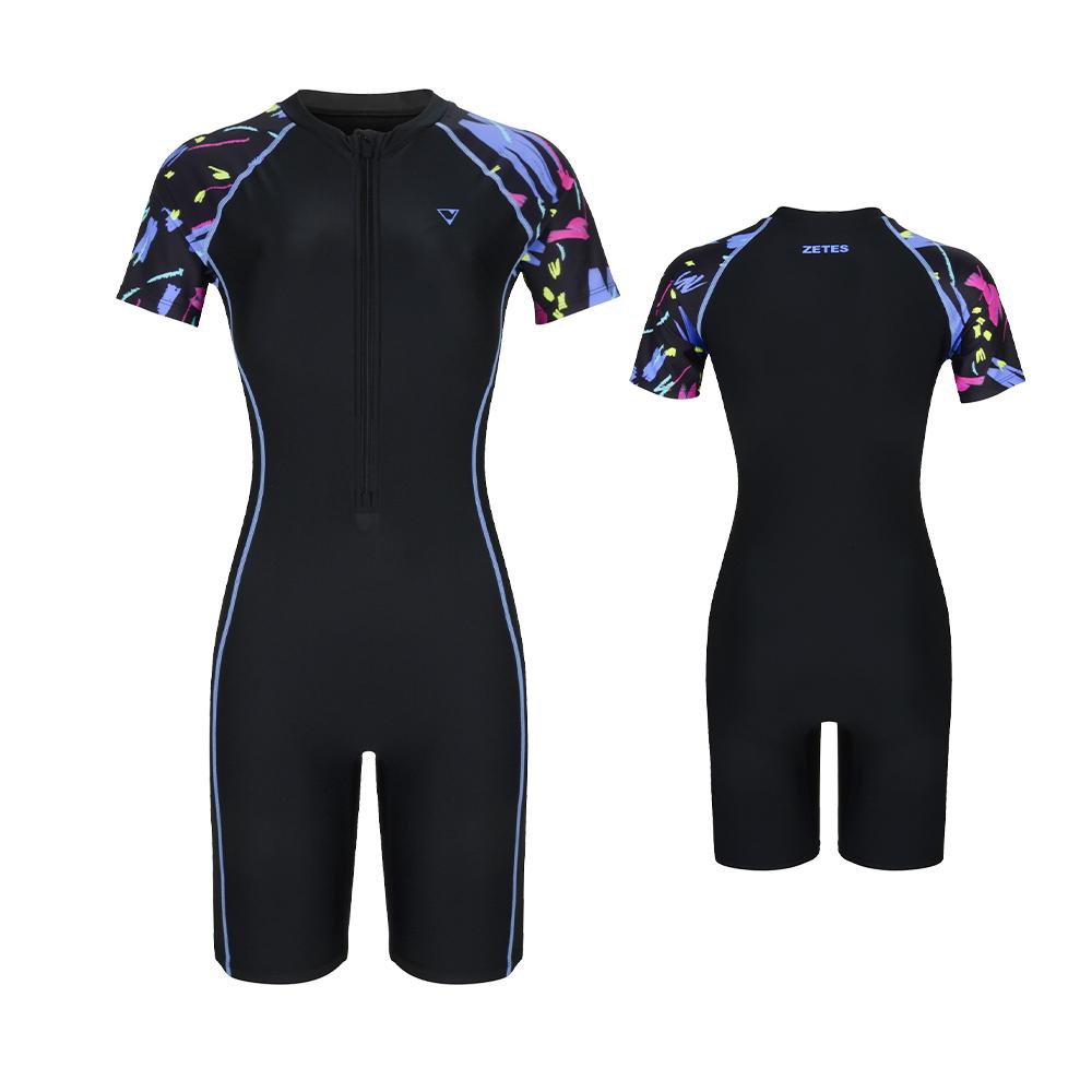 Jeteseu Women'S Aqua Zip-Up Slim Short Sleeve Half-Body Indoor Swimsuit Bl Rough L_4A452