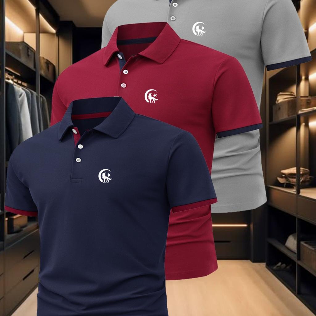 Herren-Polohemd-Set mit Wolfsdruck, Stilvoll und geeignet für Business Casual, Bequemes und atmungsaktives kurzärmeliges Polohemd für den Sommer