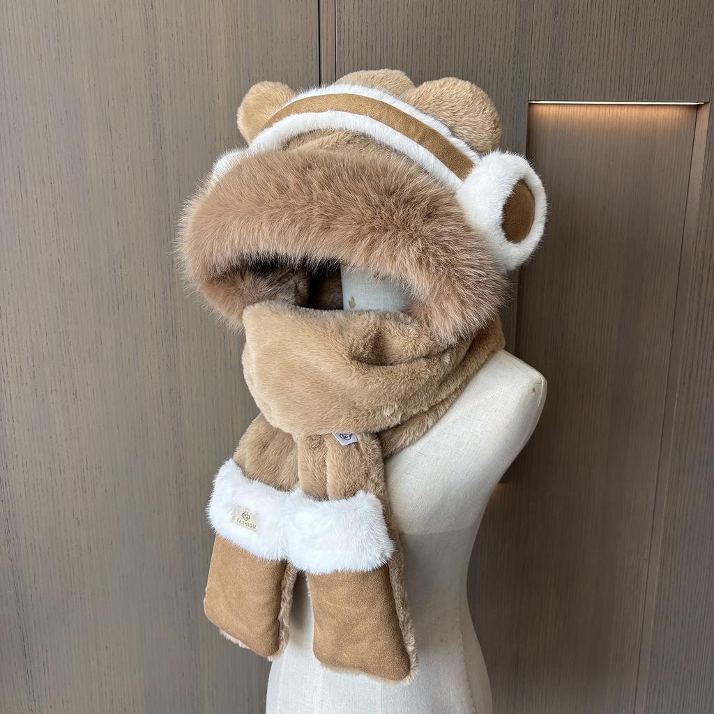 Hat Female Winter New Bear Earphones Cute Thickened Northeast Cold Hat Scarf Gloves Integrated Thermal Hat Hooded