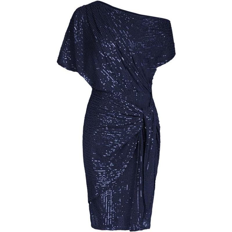 Ladies Trimmed Shiny Party Club Shoulder Folds Toast Dress Fashion Dress