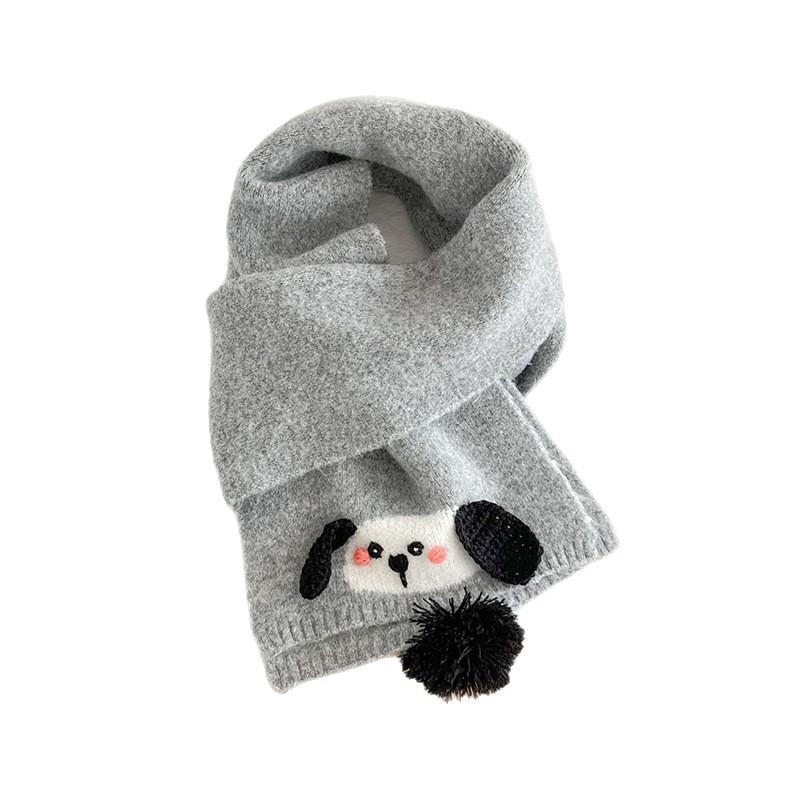 Cozy Knitted Scarf With Cute Animal Embroidery Women Winter Warm Soft Plush Neck Wrap In Gray Or Cream