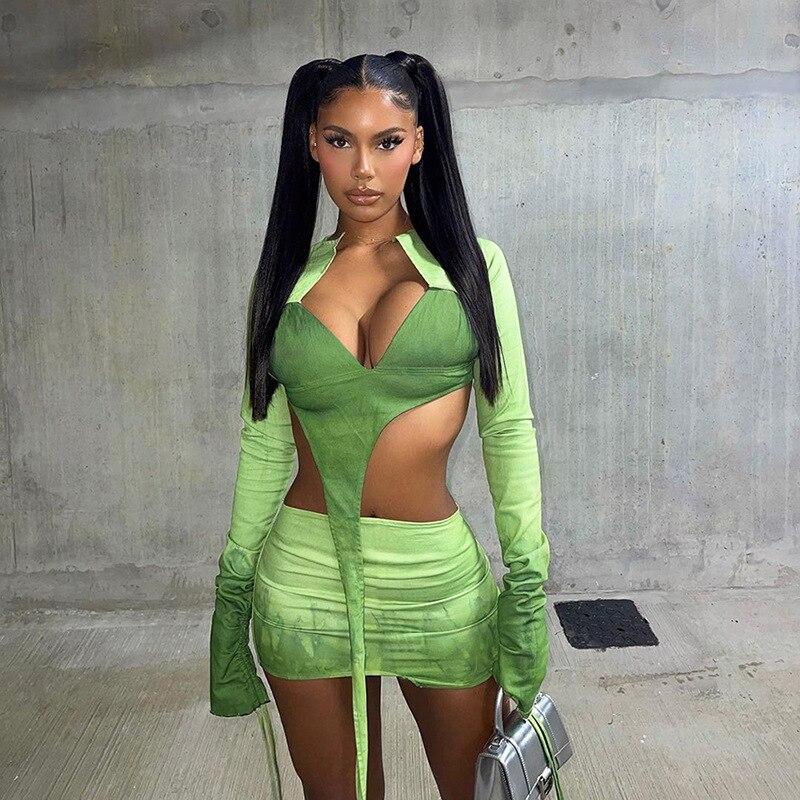 

Женский комплект из двух предметов, женский комплект из 2 предметов, летний укороченный топ с длинными рукавами + юбки, женский спортивный костюм, костюмы 2022 L зелёный