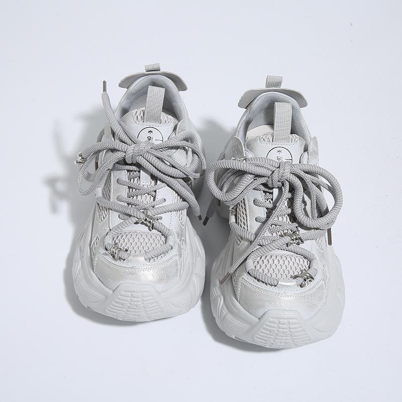 Women'S Breathable Single Mesh Leather Thick Bottom Dad Shoes Casual Sports Shoes Increased Height Lace-Up Autumn New Arrival