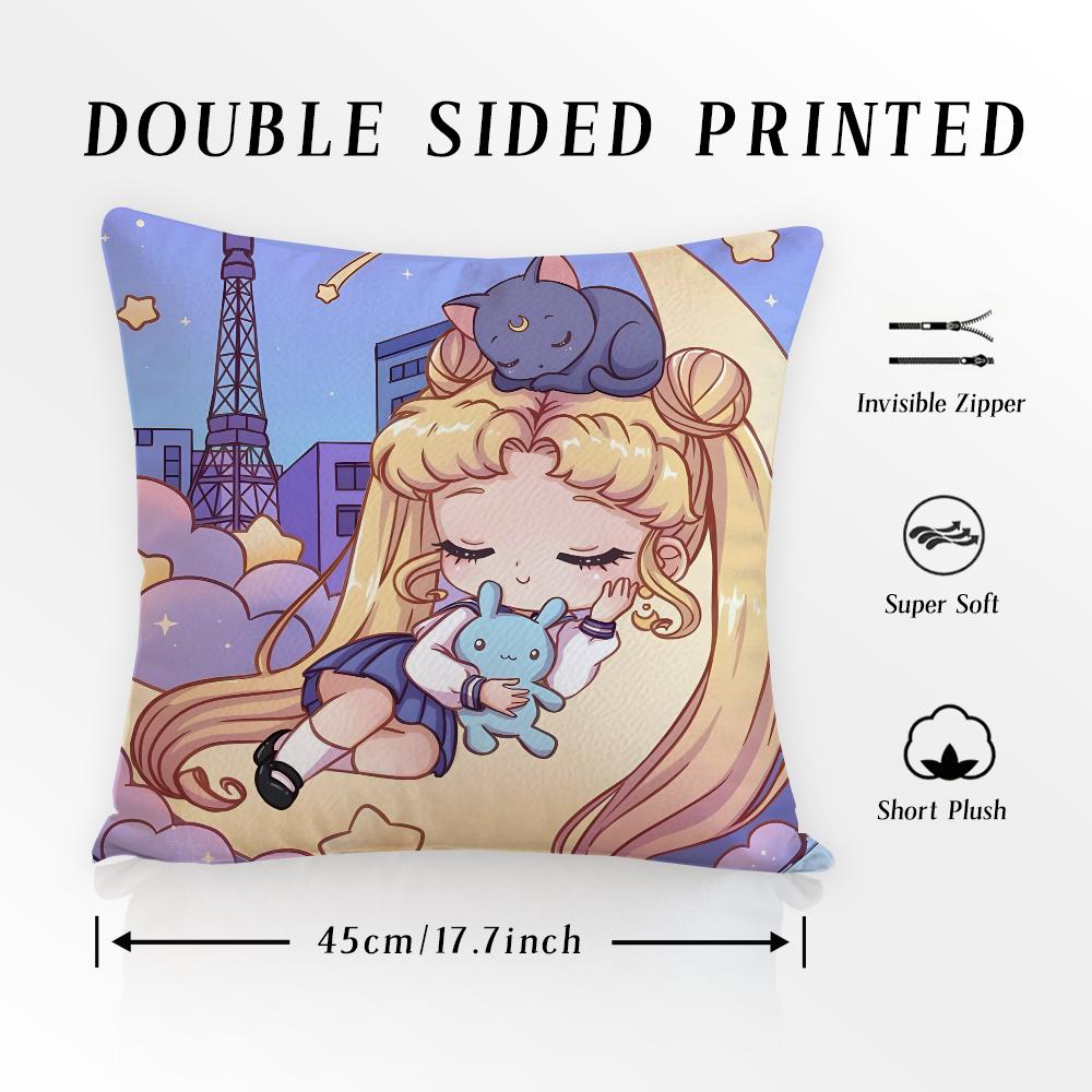 S-SAILOR Anime M-MOON Pillow Case Pillowcase Anti-dustmite Pillow Invisible Zipper Silky Short Plush Sofa Cushion Cover