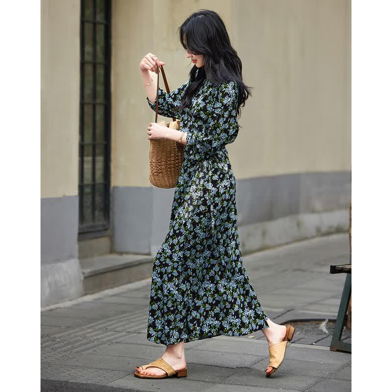 Demana French Style Printed Tie-Waist Boat Neck Maxi Dress S