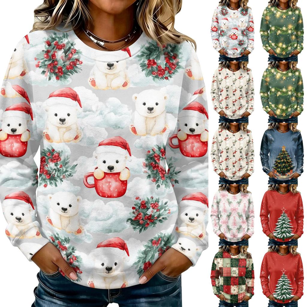 Women's Casual Long Sleeve Christmas Print Neck Pullover Sweatshirt Top