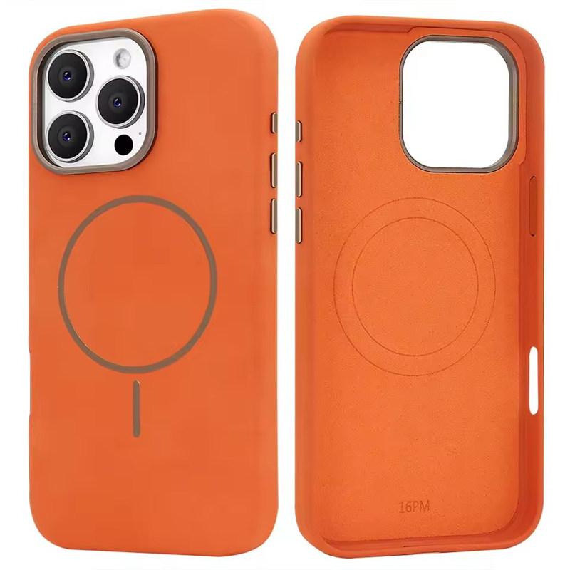 

Роскошный чехол для телефона Magsafe из ТПУ кожи для iPhone 16 15 14 13 Pro Max с магнитной беспроводной зарядкой и противоударным покрытием из сплава iPhone 16 Pro Max оранжевый