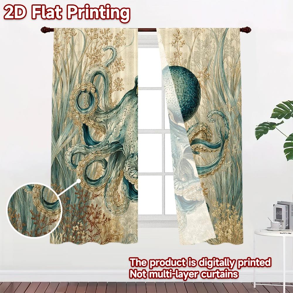 2D FLAT PRINTING 2pcs Curtains (Without Rod) Blue Octopus In Seaweed Light Filtering Popular Curtains Machine Washable Fabric