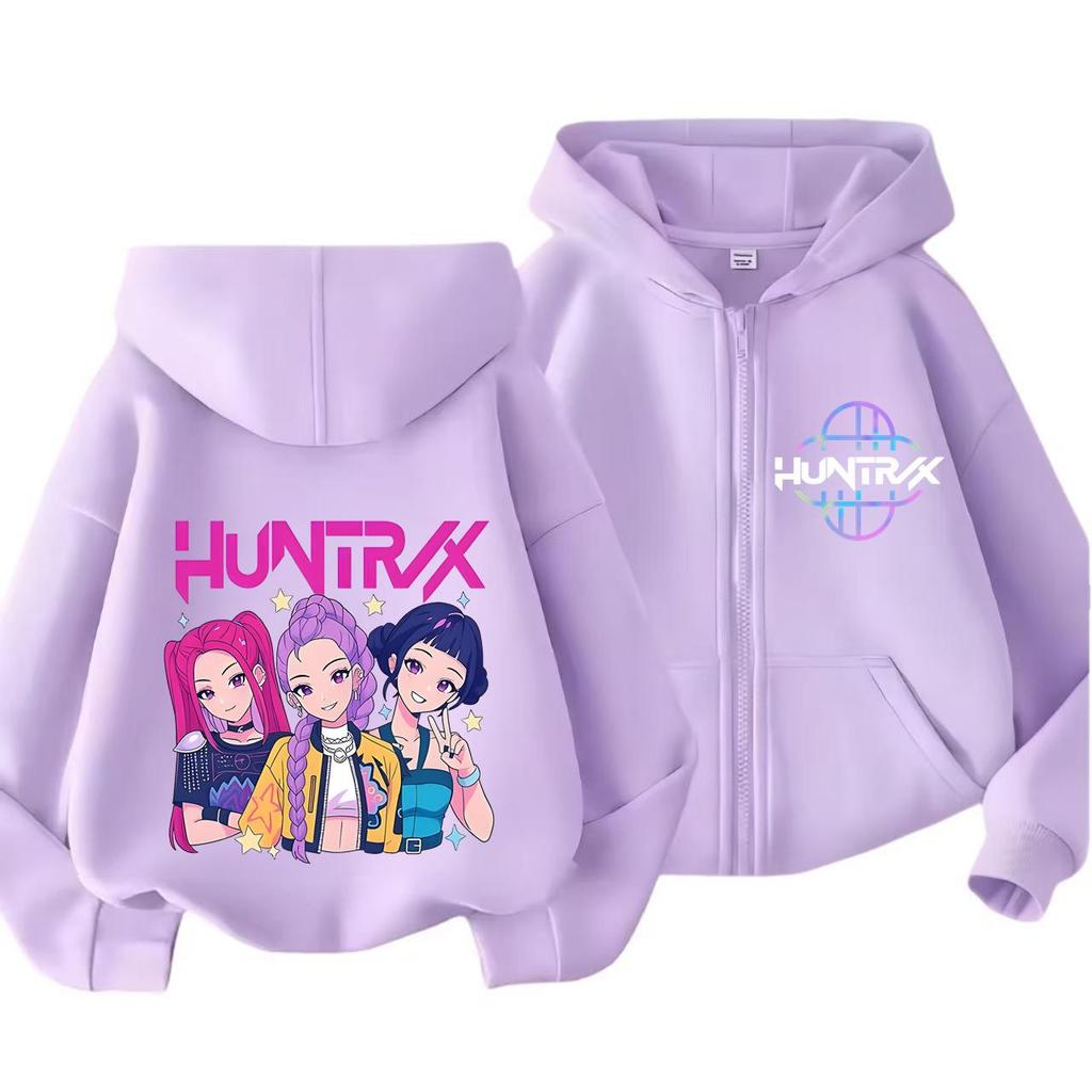 Moletom com Capuz e Zíper Kpop Caçadores de Demônios Infantil Huntrix Rumi Zoey Desenho Animado Moda Moletom com Zíper Menino Menina Tops Casuais Roupas Infantis Presente