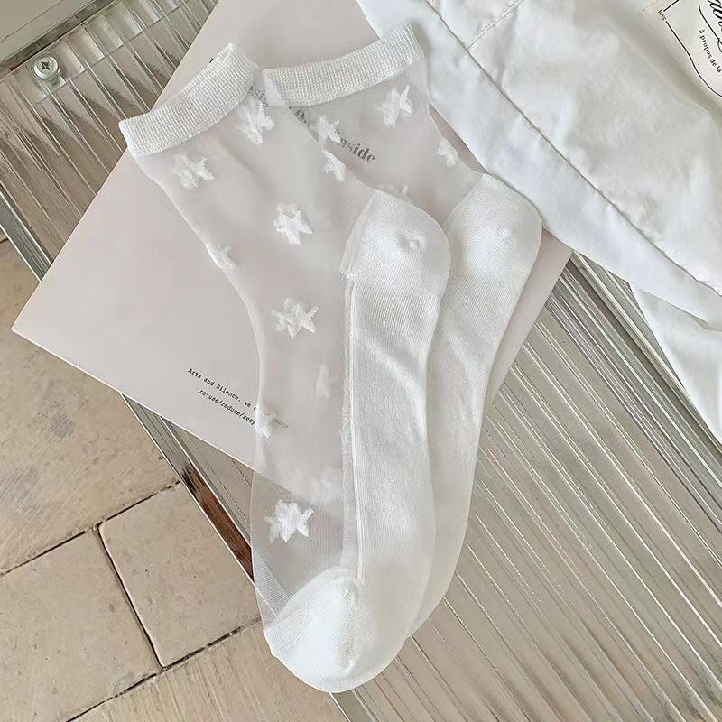Frühlings- und Sommerdünne Transparente Glasfasersocken, Damen-Mittelwadensocken, Lächelnd, Niedliche und Atmungsaktive Baumwollsocken für Studentenfüße