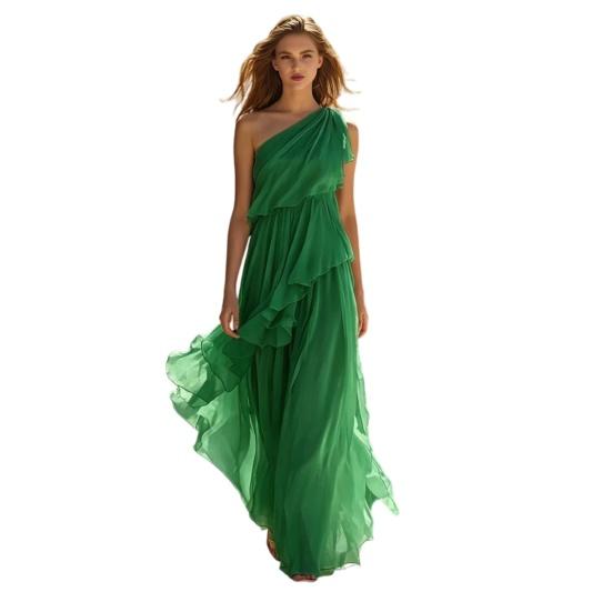 Chiffon Tiered Ruffle Dress for Women Summer One Shoulder Flowy Beach S зелёный