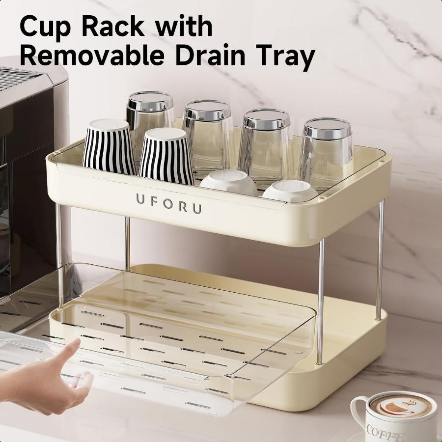 Countertop Coffee Station Organizer 2 Tier Wine Glass Holder Mug Shelf with Removable Drain Tray Spice Rack for Kitchen Bathroo
