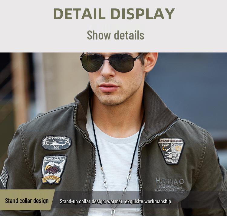 Frühling/Herbst 2025 Herren Militärstil Air Force One Jacke - Stehkragen, Reine Baumwolle, Große Größen, Freizeit