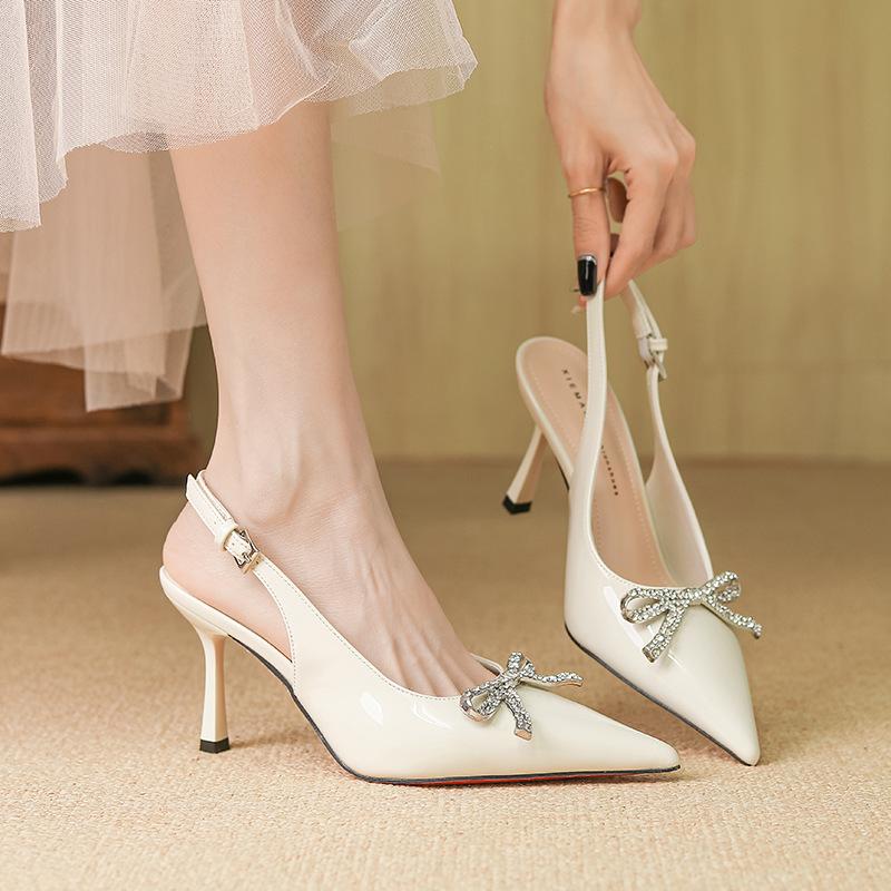 Fashion spring and summer new high-end pointed rhinestone bow silver patent leather high heels women