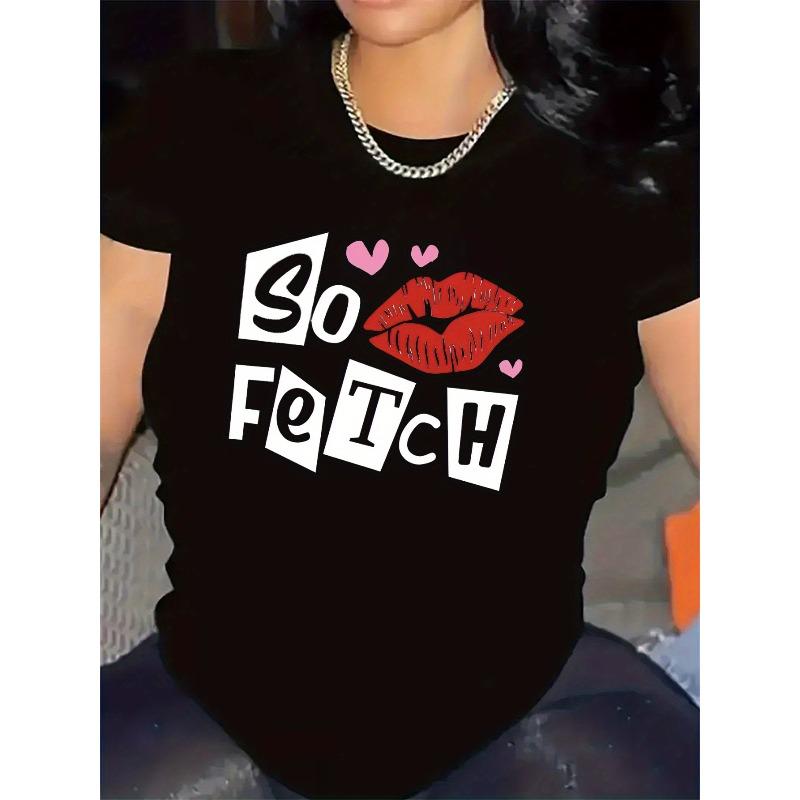 

European Size Women S So Fetch Graphic T-Shirt - Black & White Polyester, Lightweight & Durable, Comfortable Fit with Stylish Lips 4XL чорний