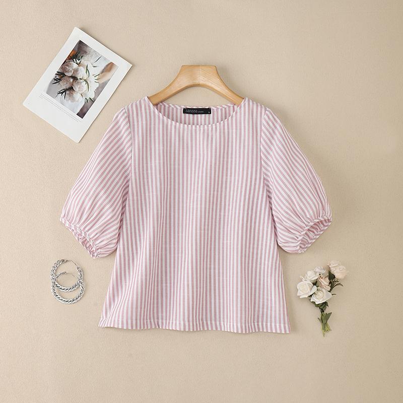 

ZANZEA Women Casual Round Neck Short Sleeve Stripe Blouse 5XL рожевий
