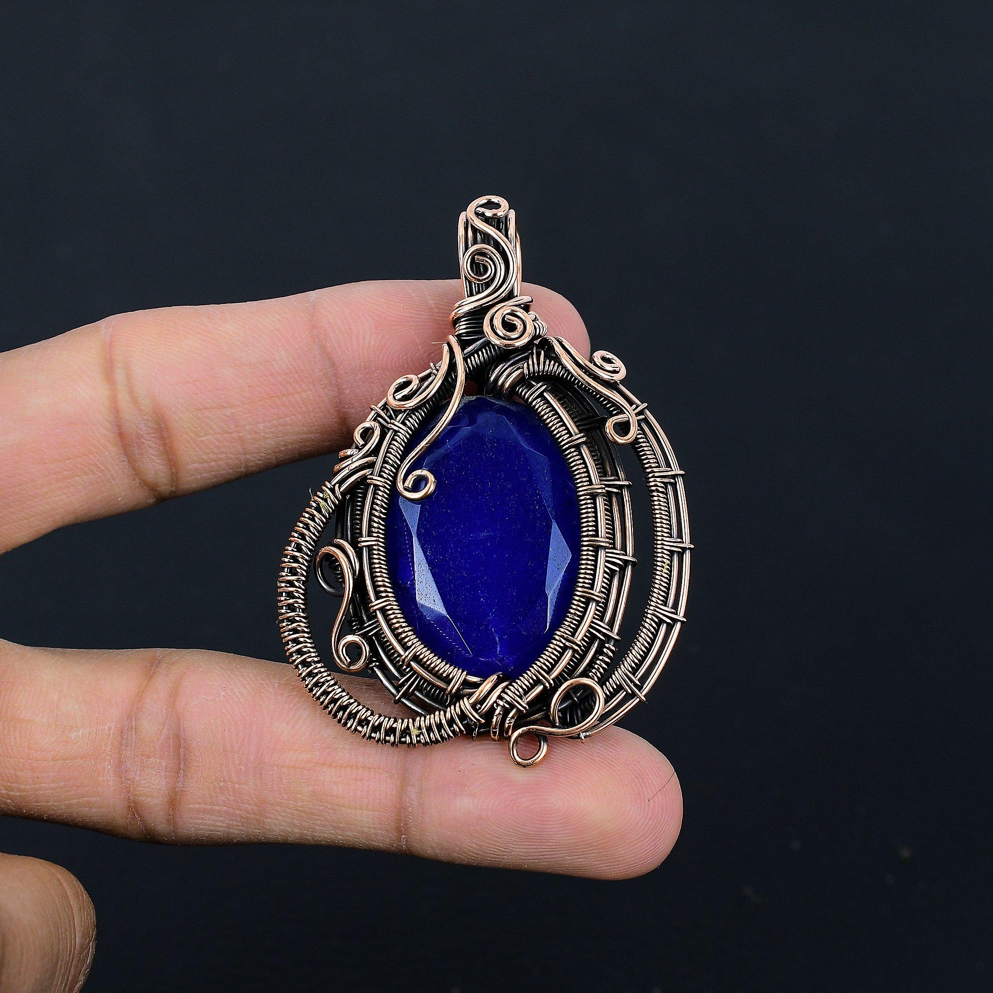 

Кулон с синим сапфиром, Кулон с драгоценным камнем ручной работы, Кулон, обернутый медной проволокой 999 пробы, Антикварное украшение, Для подарка на помолвку 2.55 Inches