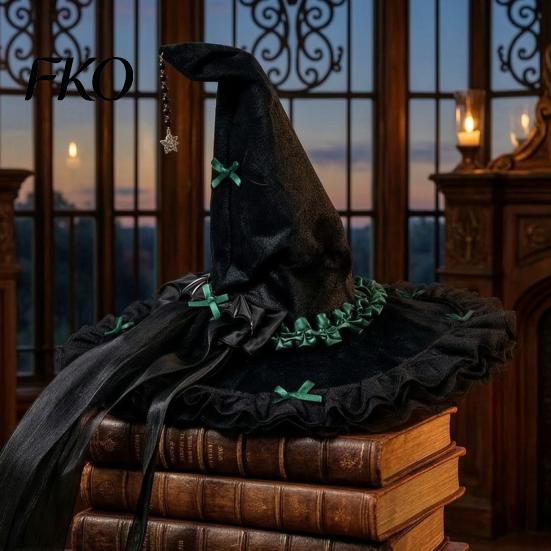 Costume Accessories for Women Halloween Witch Hat Women, Large Black Velvet Wizard with Mesh Ruffle Brim Adults Costume, Cosplay Party Home Decor