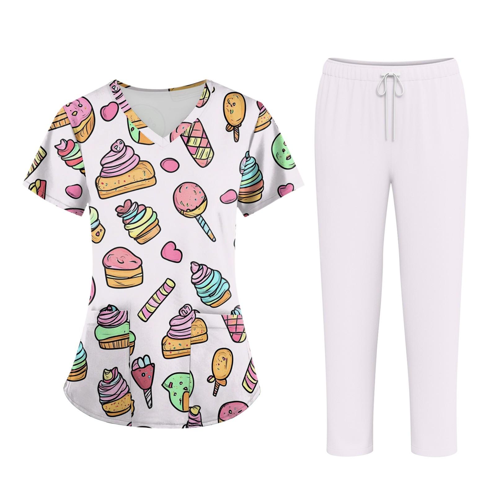 

Плюс размерСкраб с принтом Рабочая форма Топы для женщин Крест V-образным вырезом Хэллоуин Принт с короткими рукавами Забавные футболки Спецодежда Футболка с карманами XXXL