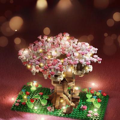 Blocuri de construcție casă în copac cu flori de cireș roz, blocuri de construcție cu microparticule, jucărie puzzle de asamblare pentru copii, compatibilă cu fete