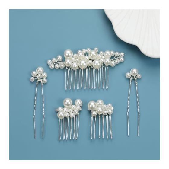 DFsucces Pearl Hair Accessories U-Pin Hairpins Kanzashi for Japanese Traditional Attire, Photoshoots, Weddings, Parties, Bride - 5 Piece Set, Silver,