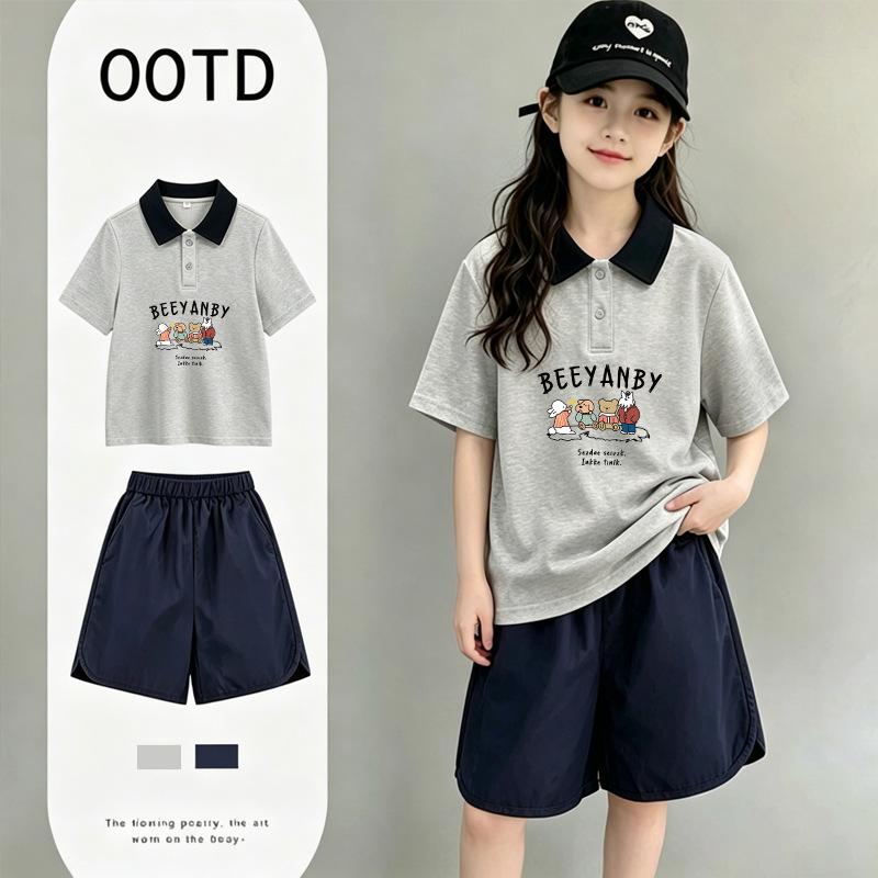Stylish Girls' Cotton Short-Sleeve Polo Shirt Set for Ages 6-12 - Medium to Large Trendy Patchwork Design