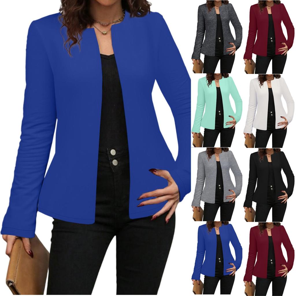 Women's Fashionable Solid Color Round Neck Long Sleeved Button Cardigan Jacket
