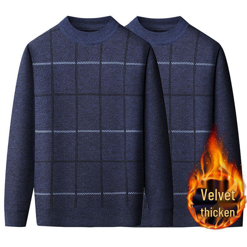 Warmer Herren-Pullover mit Karomuster und Plus-Samt für mittleres und älteres Alter (50er-60er Jahre) - Herbst/Winter Rundhals Basisschicht