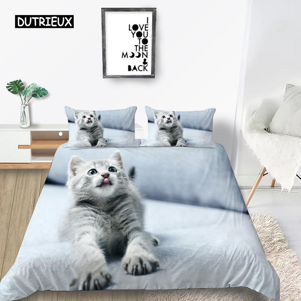 Cat Duvet Cover Set King Size Microfiber Cute Animal Print Girl Teen Kid Comforter Cover Lovely Kitty Series Pattern Bedding Set