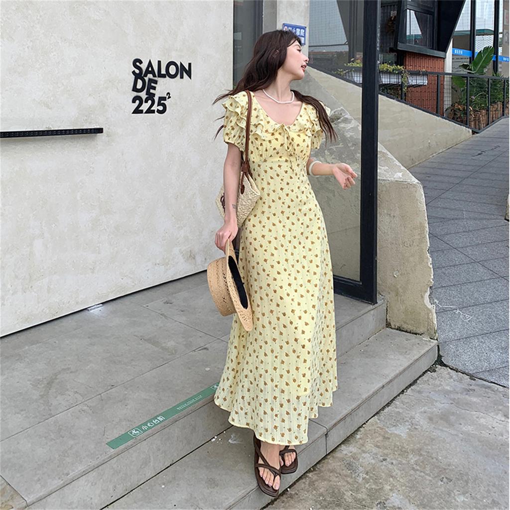 Retro V-neck Slimming Floral Print Midi Dress for Women Short Sleeve Ruffles Splice Temperament Vacation Long Dress