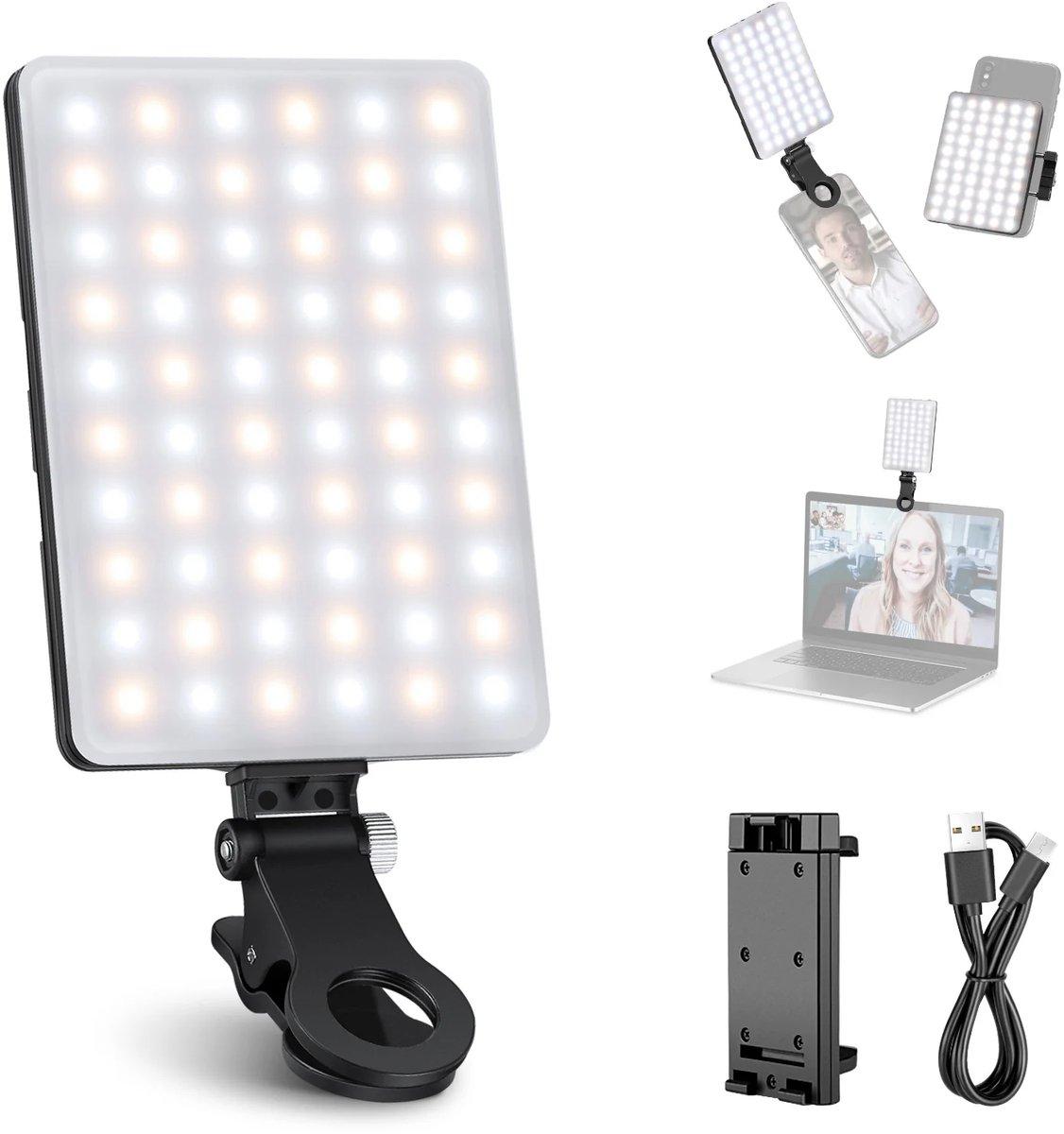 NEEWER NL-60AI Selfielampje voor telefoon met voor- en achterclip, 60 LED, 2000mAh oplaadbaar, CRI95+, 3 modi, draagbare clip-on invulverlichting voor tablet, computer, laptop, Zoom-gesprekken, TikTok-video's