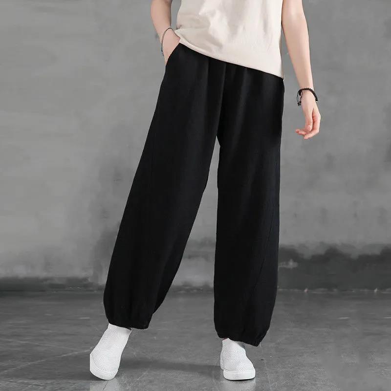 Summer Cotton Linen Literary Vintage Ankle Tie Pants Women's Loose Solid Color Versatile Casual Lantern Long Pants