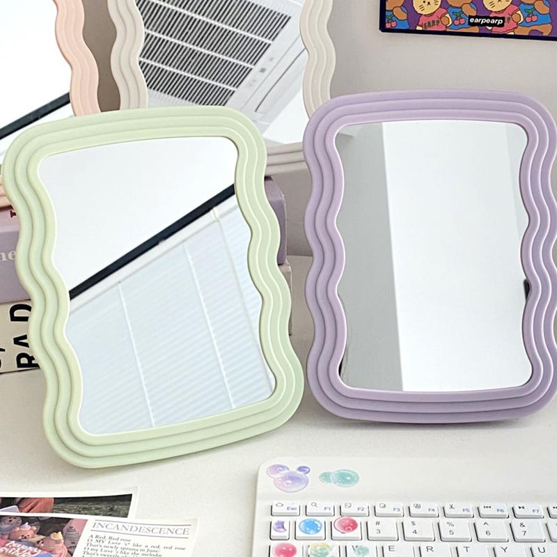 Corrugated Desktop Makeup Mirror Solid Color Simple Portable Handheld Makeup Mirror Foldable Student Compact Cute Mirror