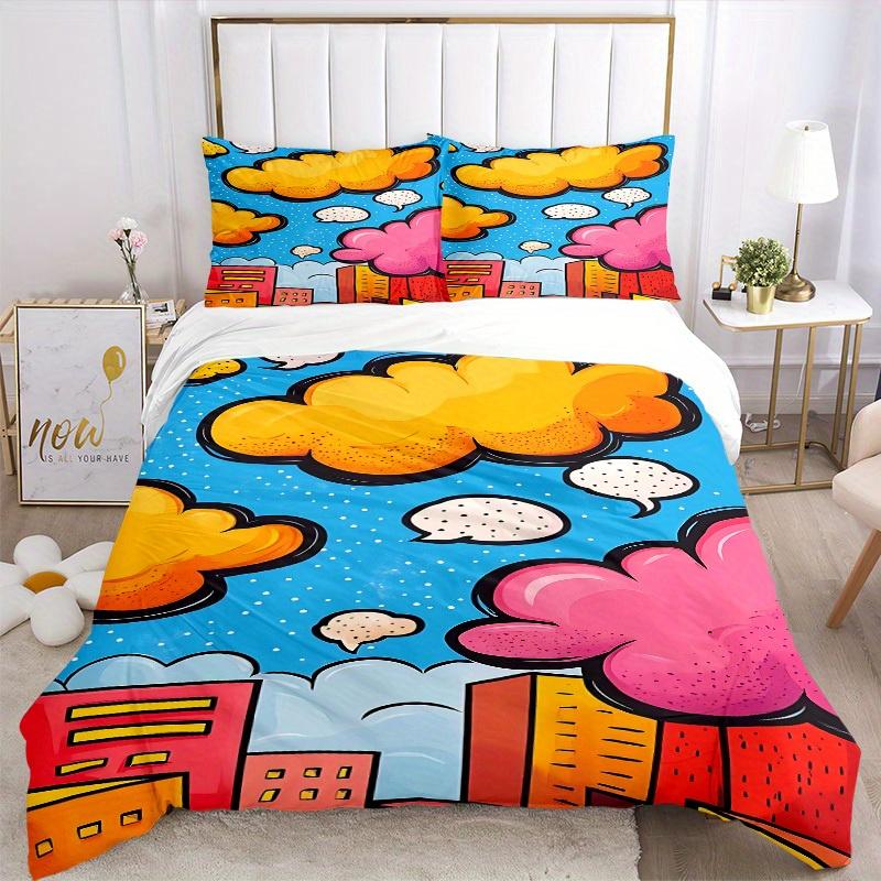 3Pcs Comic Book Clouds Printed Bedding Set, Breathable And Soft, Machine Washable, Christmas Gift, Suitable for Bedroom Decoration, 15200