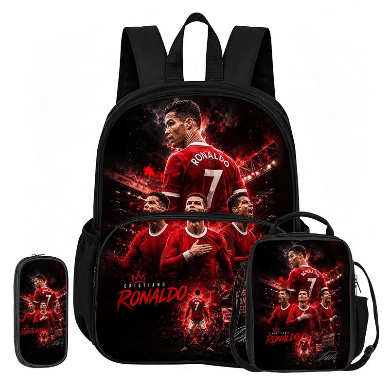 Learn, Travel Football Star School Bag Ronaldo 3 Pcs set with Front Pocket Backpack Lunch bag, Pencil Case, Sport Rucksack