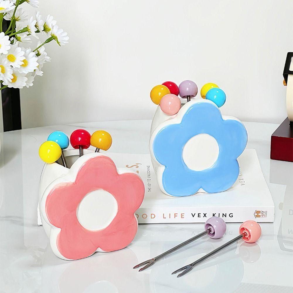 Flower Shaped Dessert Forks Portable Cute Toothpick with Holder  Kitchen Supplies