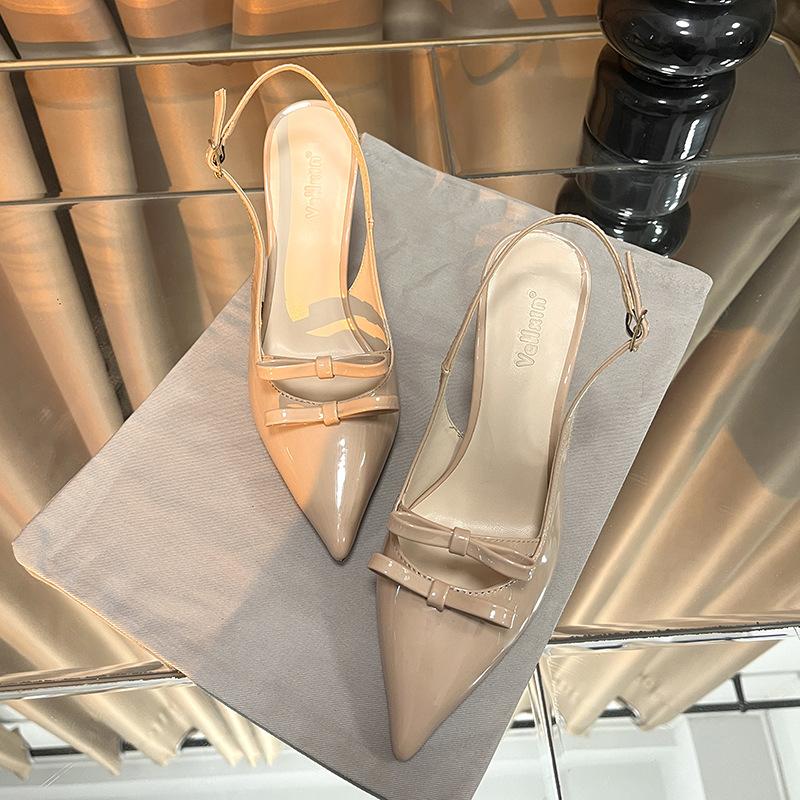 2025 Spring New Women'S Shoes Shallow Mouth Single Shoes Patent Leather Skinny Toe Sandals Bow Pointy High Heels After Empty