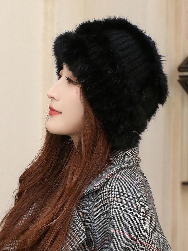 Rabbit Fur Knitted Bucket Hat Women's Autumn and Winter Ear Protection Warm Windproof Wool Hat Winter Hat