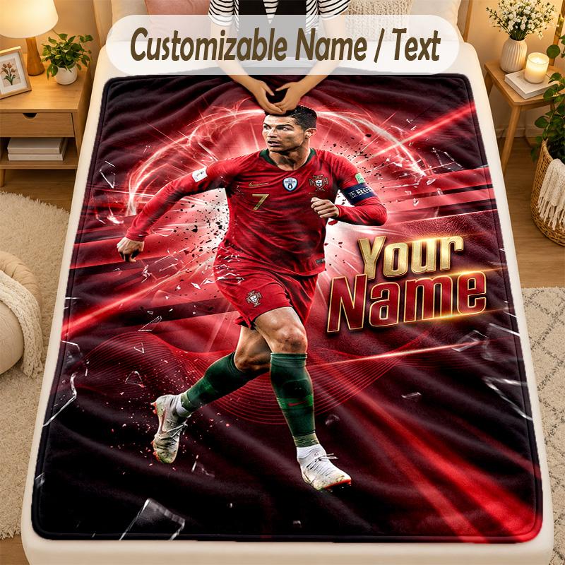 Flannel BlanketCristiano Ronaldo Custom Name Text Personalized Soft Warm Throw Blanket Home Decor Gift