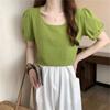 Puff Sleeve T-shirt for Women In Summer New French Design Low Round Neck Slim Fit Short Sleeve Student Top
